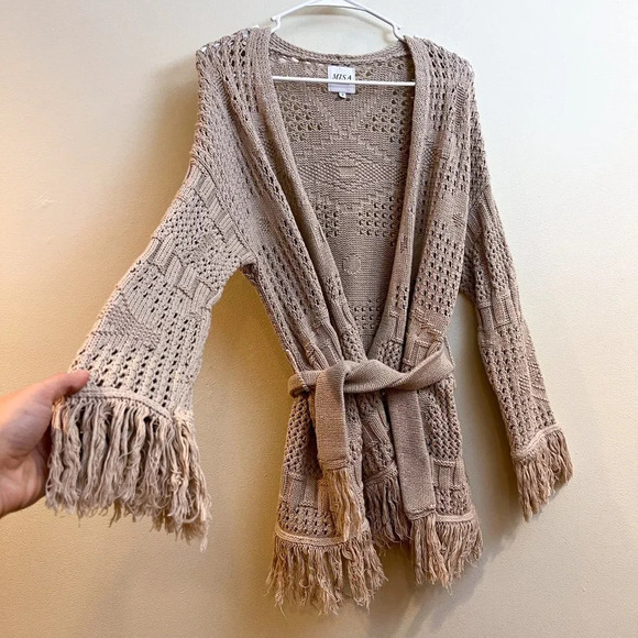 MISA Los Angeles Aztec Fringe Bohemian Tan Tie Waist Knit Cardigan Sweater Small - Picture 3 of 9